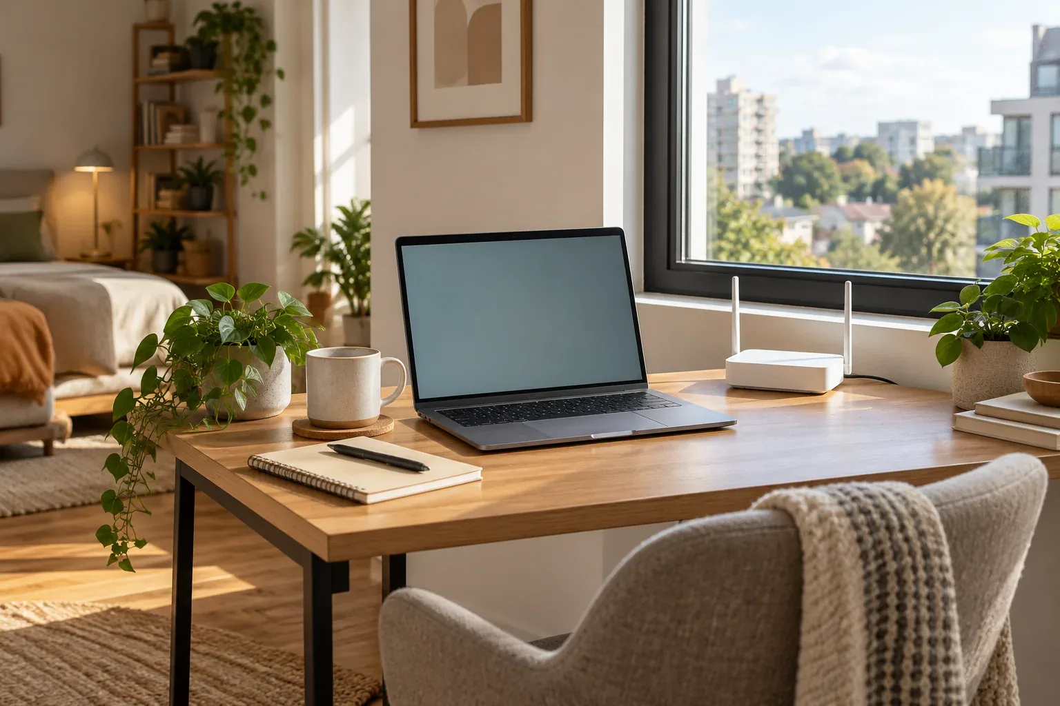 Рабочее место с ноутбуком и Wi-Fi роутером