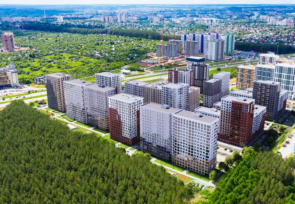 ЖК «Норвежский лес»: Визуализация жилого квартала у леса, вид сверху